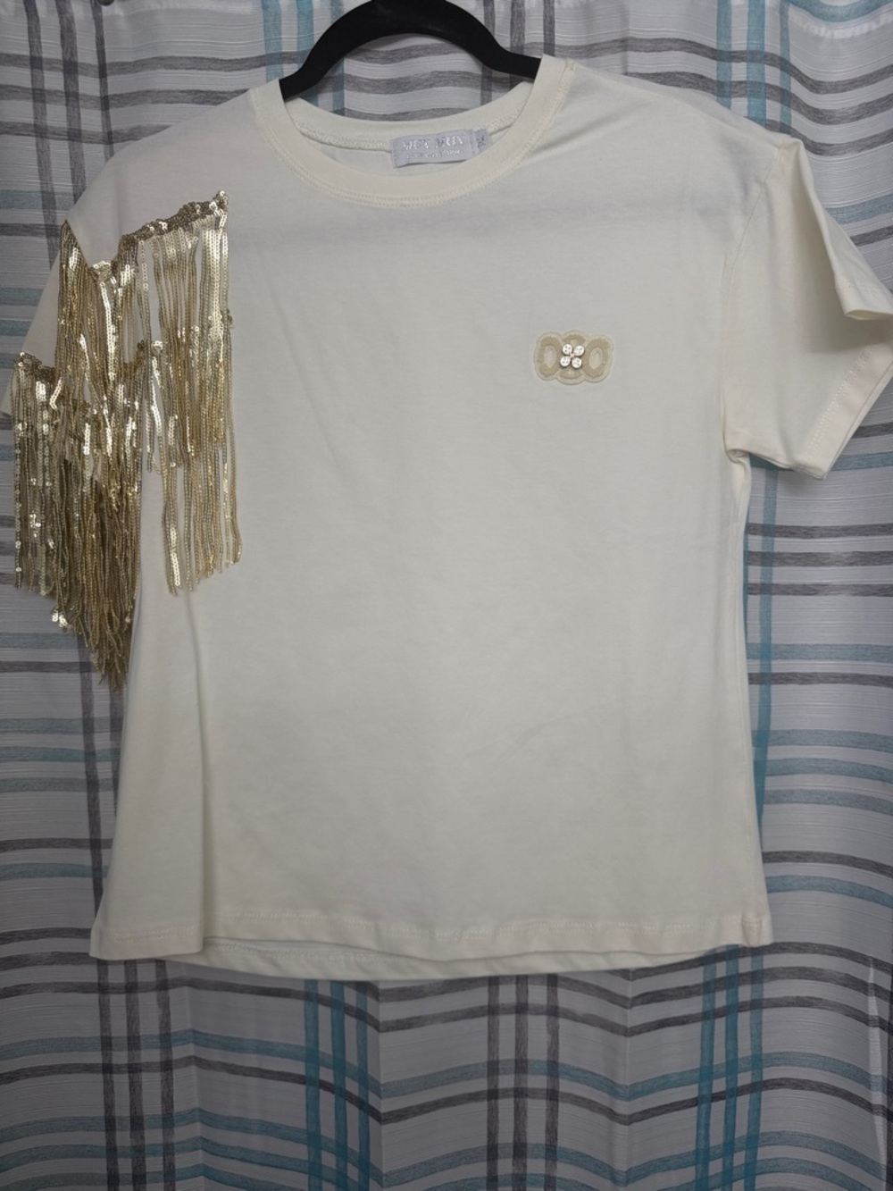 Cream Tee with Gold Sequin Fringe Shoulder